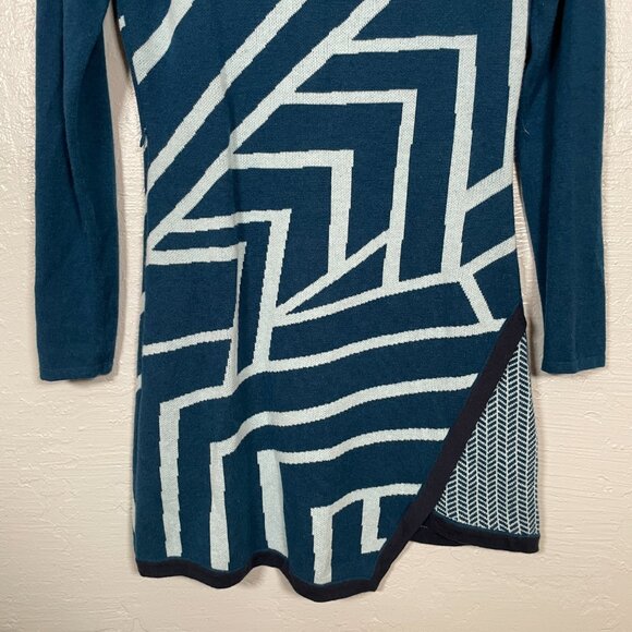 Title Nine Women S Blue Geometric Sweater Dress Cowl Neck Pockets Merino Wool - Picture 2 of 10
